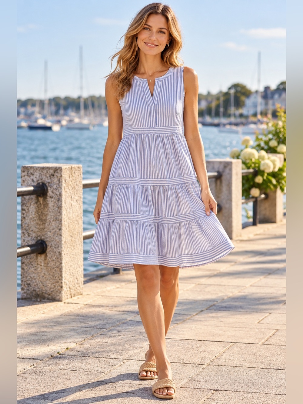Vineyard Vines Performance Blue White Striped Sleeveless Tiered Dress S